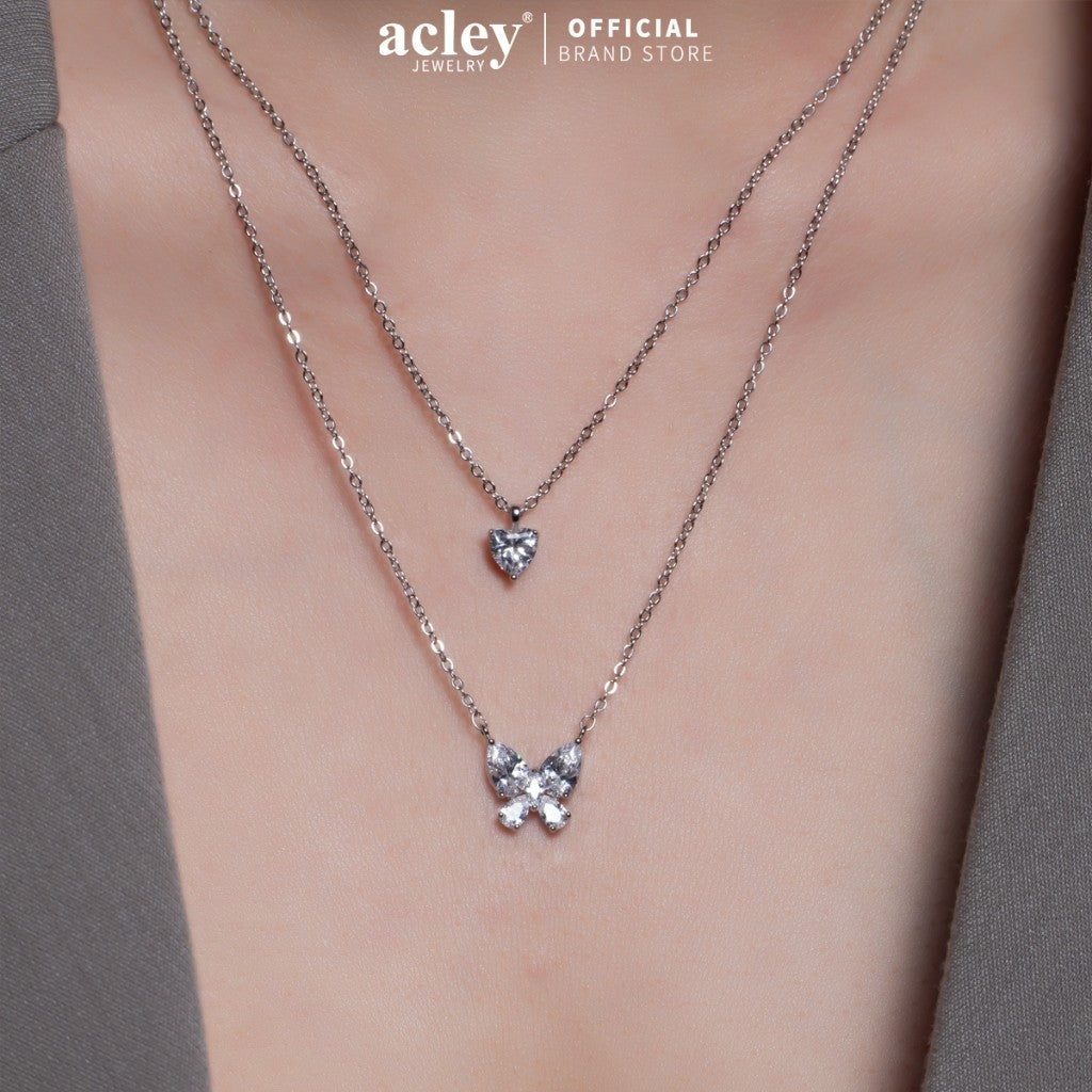 Dây chuyền hợp kim đồng hai tầng hình bướm và trái tim đính đá zircon 5A