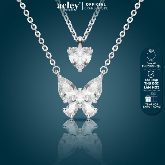 Dây chuyền hợp kim đồng hai tầng hình bướm và trái tim đính đá zircon 5A