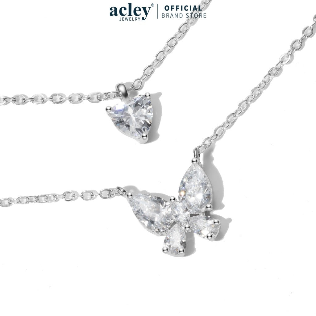 Dây chuyền hợp kim đồng hai tầng hình bướm và trái tim đính đá zircon 5A