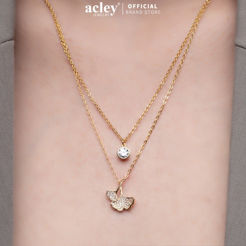 Dây chuyền hợp kim đồng hai tầng mặt lá bạch quả đính đá zircon 5A