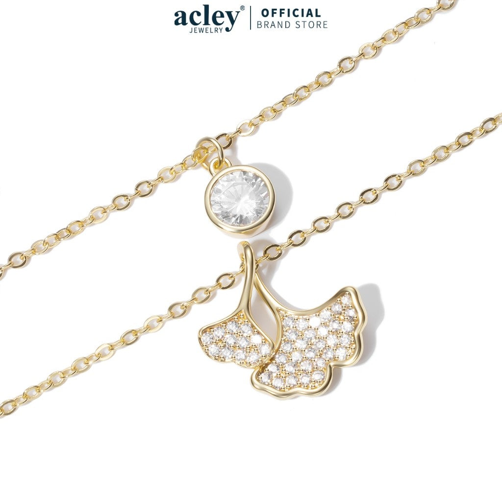 Dây chuyền hợp kim đồng hai tầng mặt lá bạch quả đính đá zircon 5A