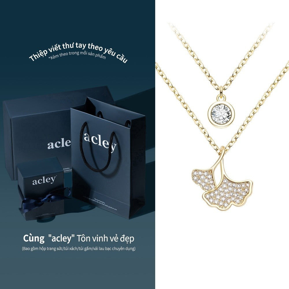 Dây chuyền hợp kim đồng hai tầng mặt lá bạch quả đính đá zircon 5A