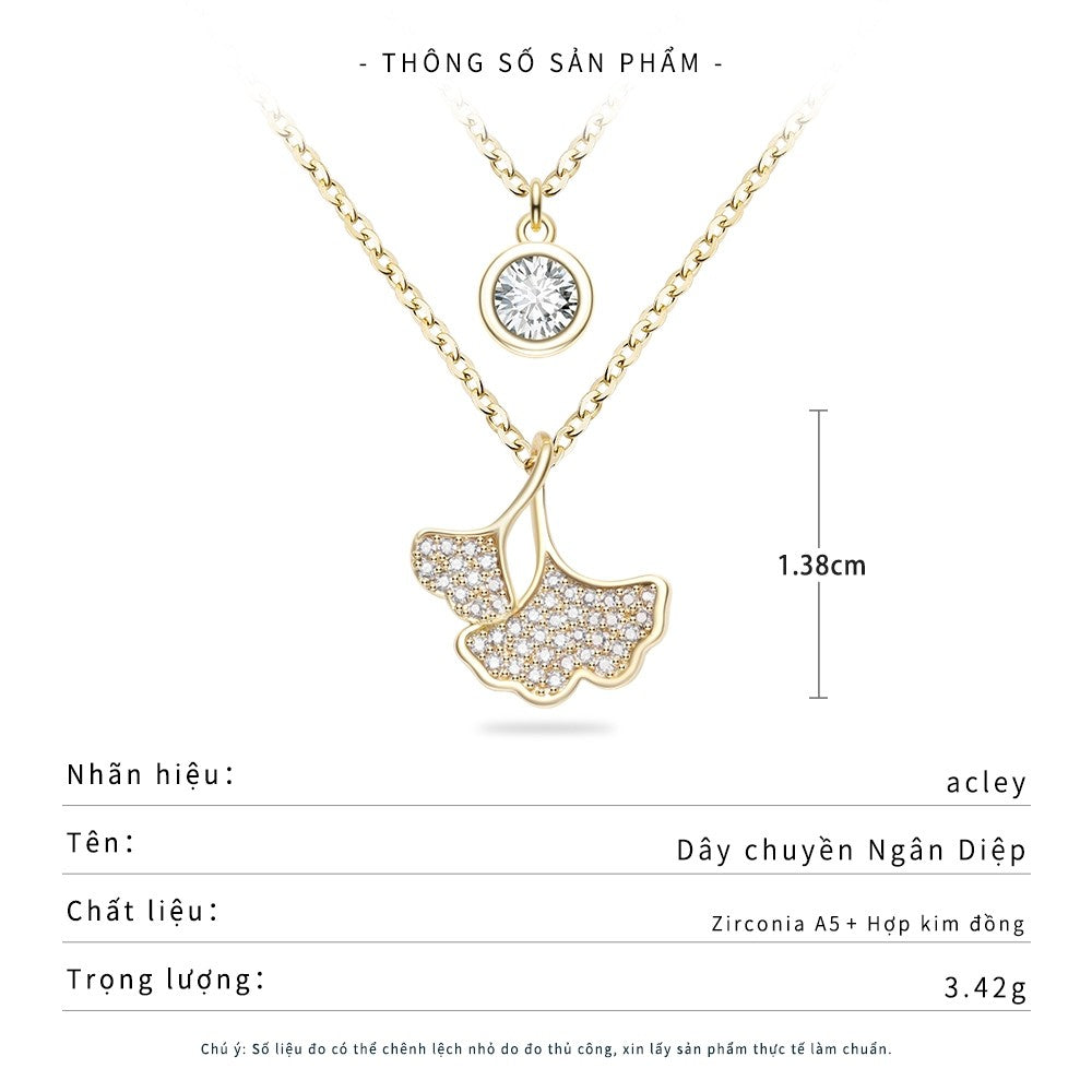 Dây chuyền hợp kim đồng hai tầng mặt lá bạch quả đính đá zircon 5A