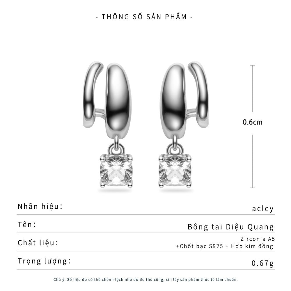 Bông tai vòng hợp kim đồng charm đá vuông zircon 5A kim bạc