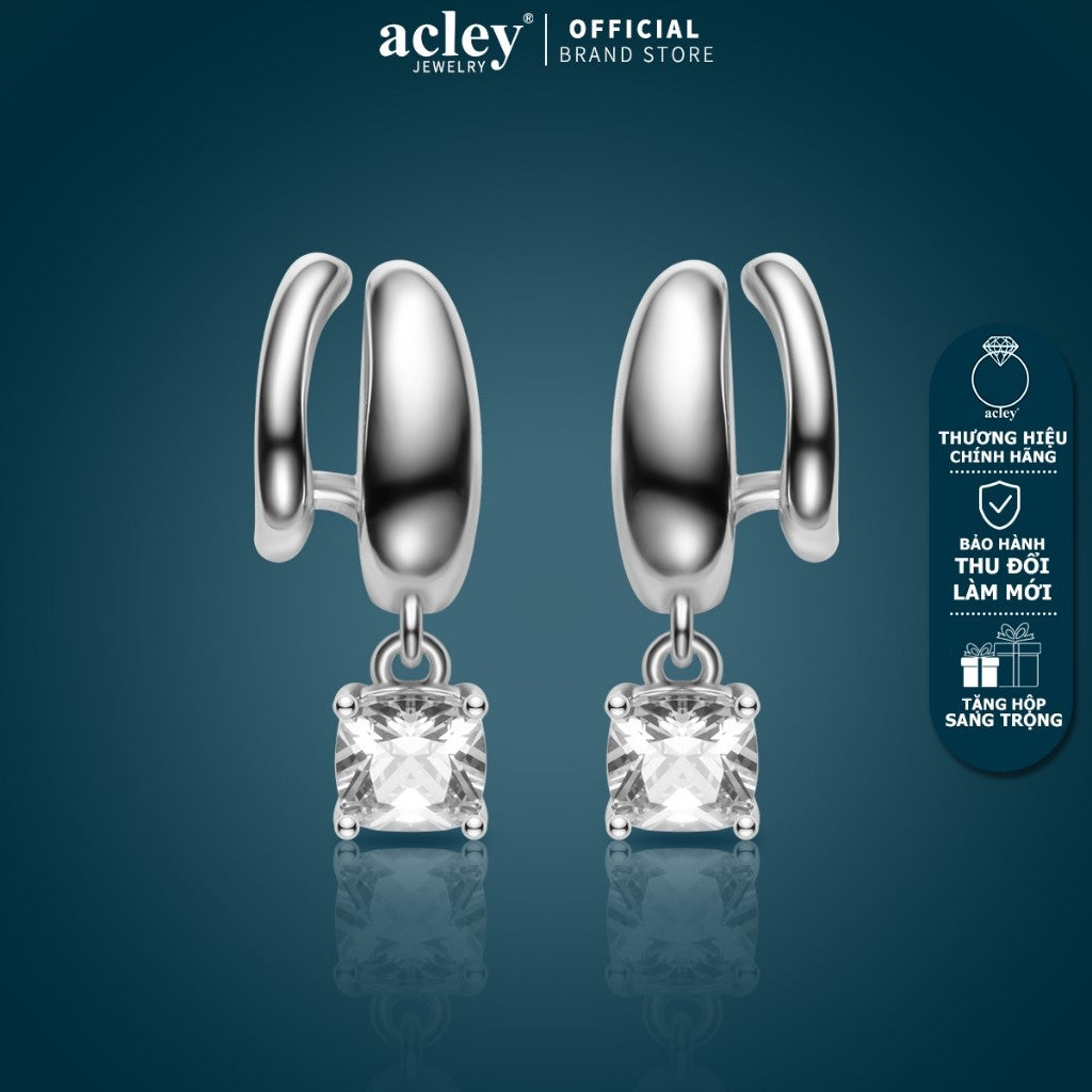 Bông tai vòng hợp kim đồng charm đá vuông zircon 5A kim bạc