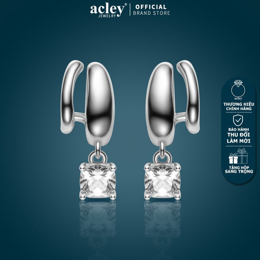 Bông tai vòng hợp kim đồng charm đá vuông zircon 5A kim bạc