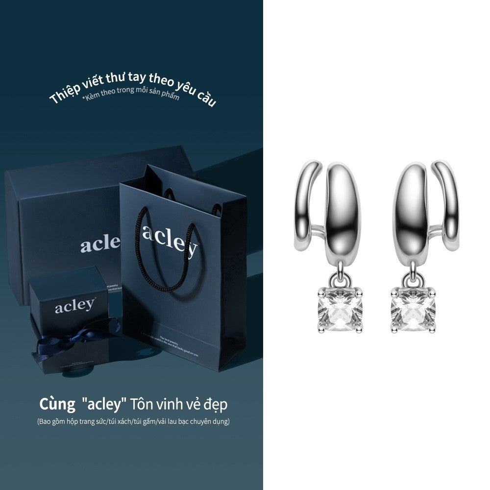 Bông tai vòng hợp kim đồng charm đá vuông zircon 5A kim bạc