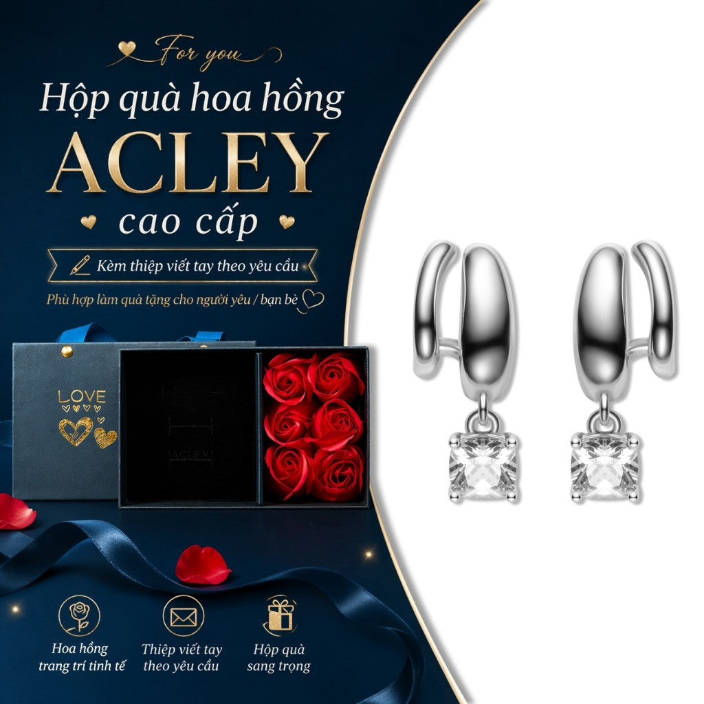 Bông tai vòng hợp kim đồng charm đá vuông zircon 5A kim bạc