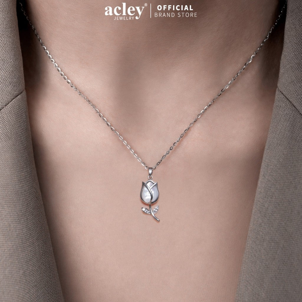Dây chuyền hợp kim đồng hoa tulip đá mã não chalcedony