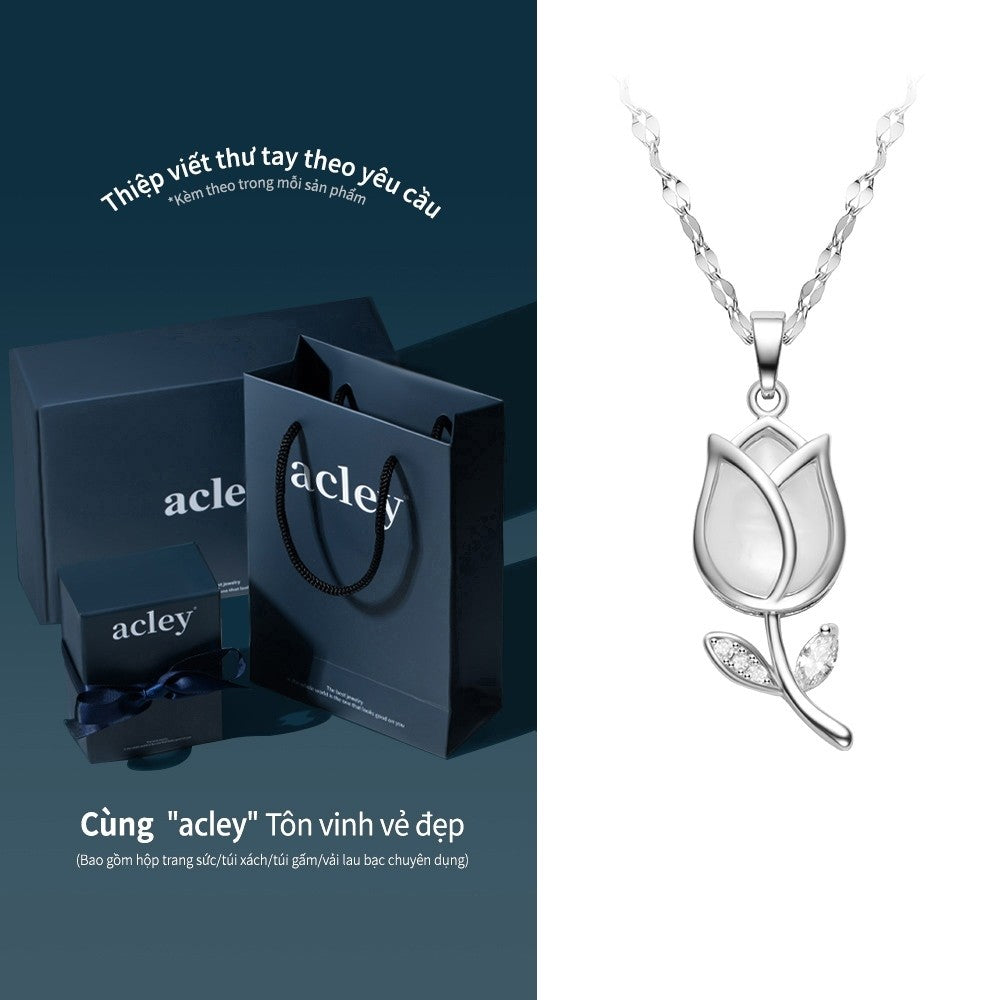 Dây chuyền hợp kim đồng hoa tulip đá mã não chalcedony