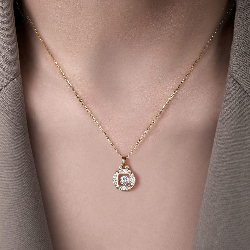 Dây chuyền hợp kim đồng mặt tròn đính đá zircon 5A