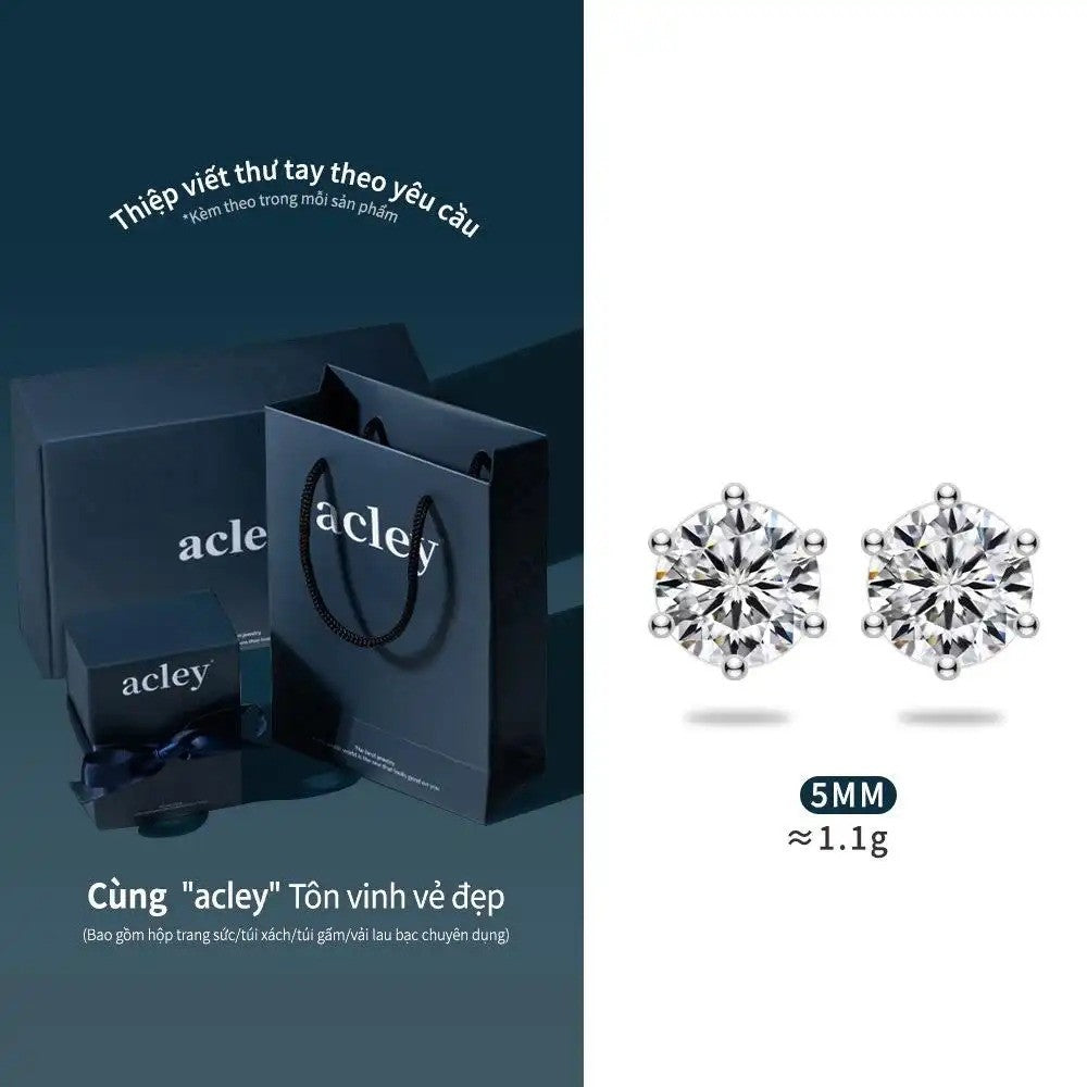 Bông tai nụ bạc S925 đính đá Moissanite tròn 6 chấu