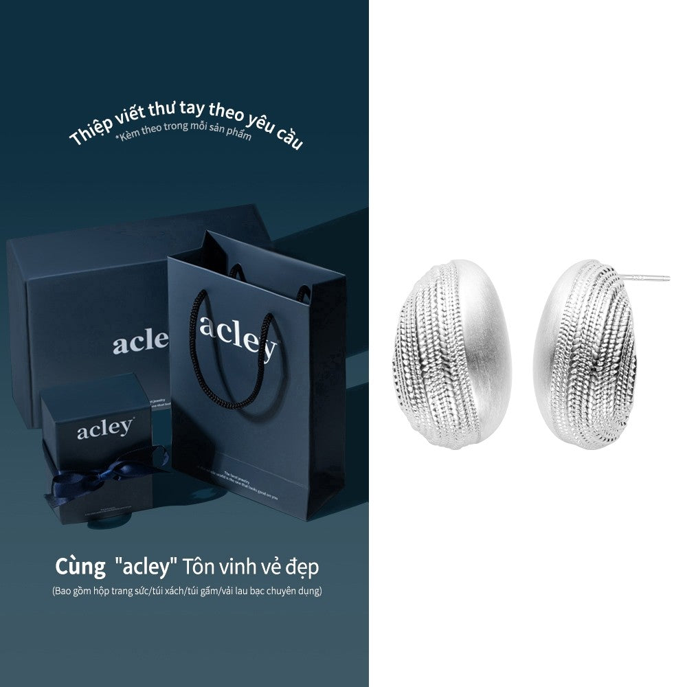 Bông tai nụ hợp kim đồng dáng oval vân nổi kim bạc