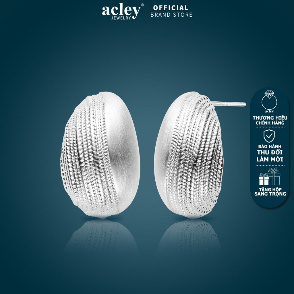 Bông tai nụ hợp kim đồng dáng oval vân nổi kim bạc