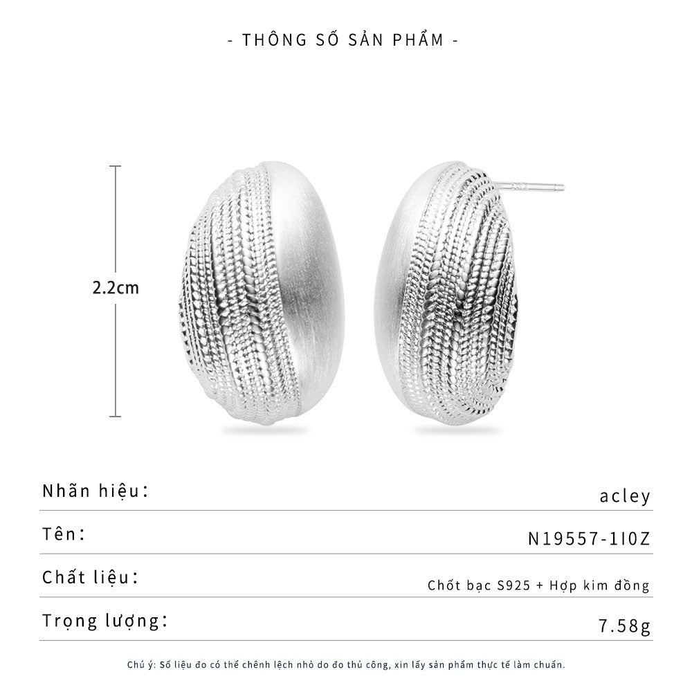 Bông tai nụ hợp kim đồng dáng oval vân nổi kim bạc