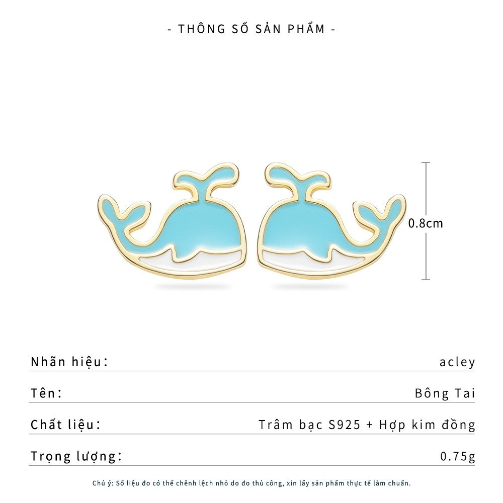 Bông tai cá voi hợp kim đồng màu xanh kim bạc S925