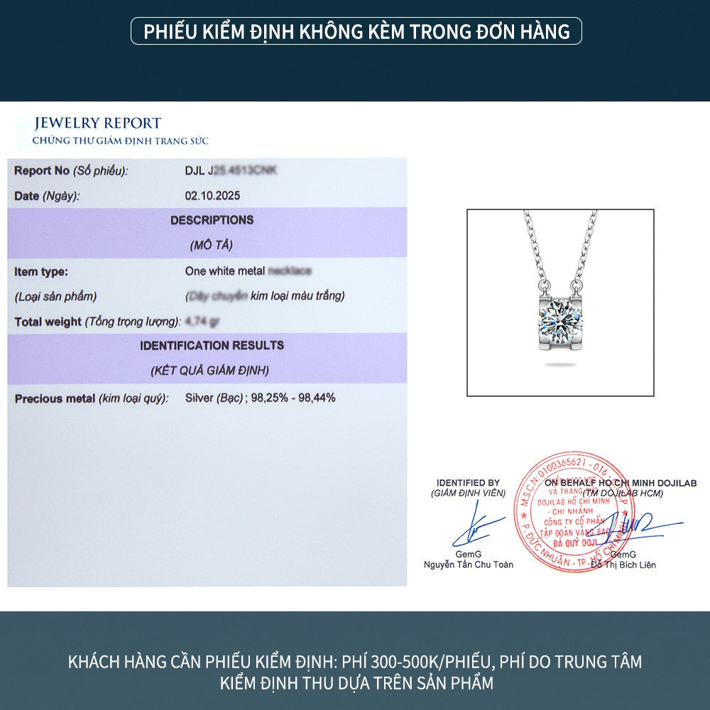 Dây chuyền bạc S925 mặt đá moissanite khung vuông thanh lịch