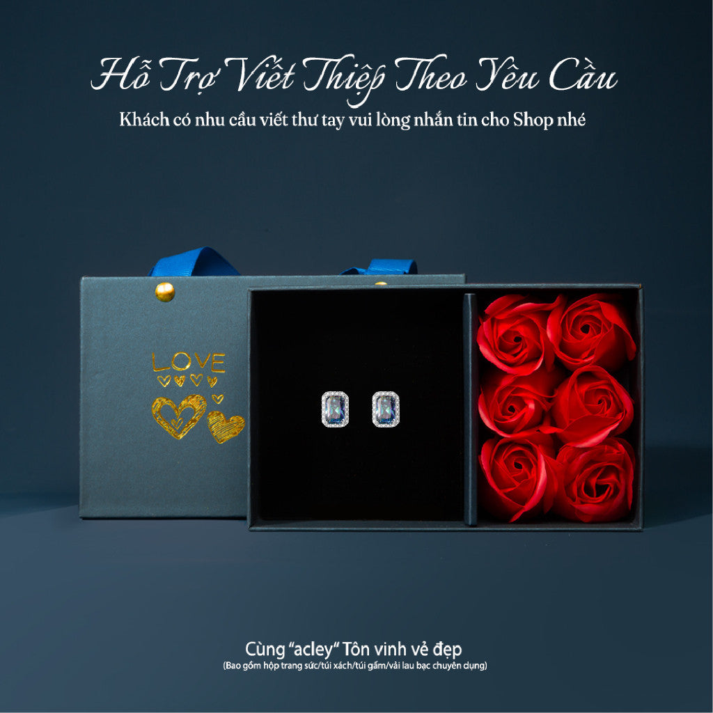 Bông tai bạc S925 đính đá Moissanite dáng chữ nhật halo