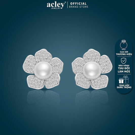 Bông tai hoa 5 cánh đính ngọc trai nước ngọt zircon 5A