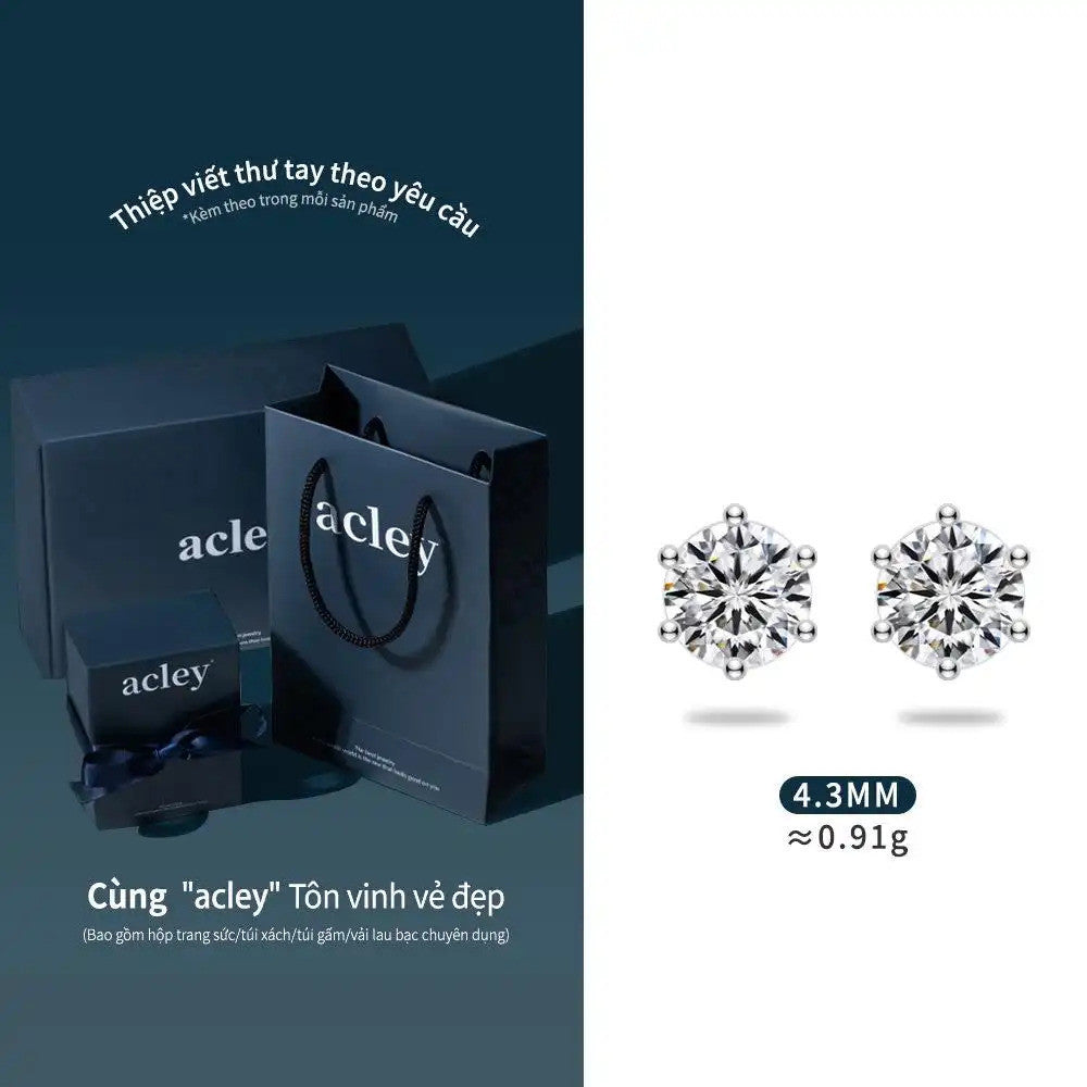 Bông tai nụ bạc S925 đính đá Moissanite tròn 6 chấu