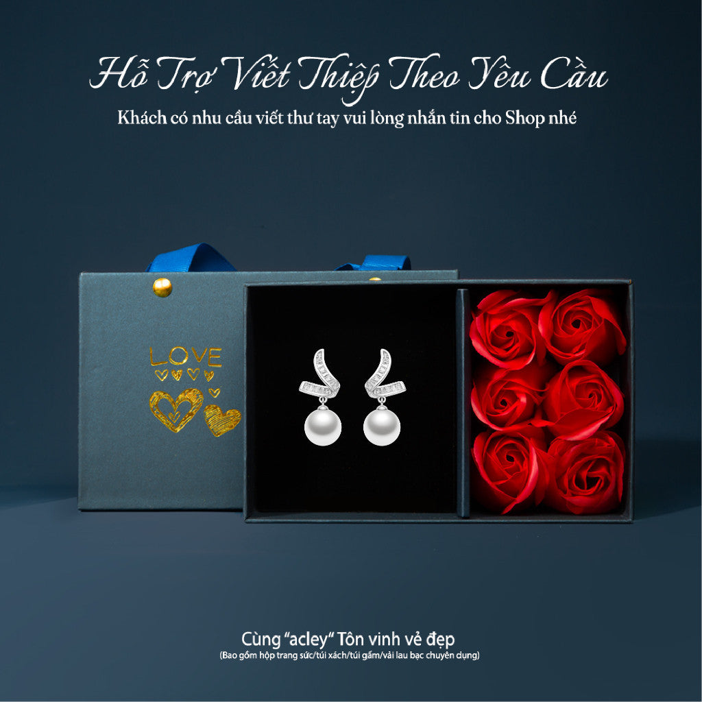 Bông tai bạc S925 ngọc trai đính đá zircon 5A dáng lá cong