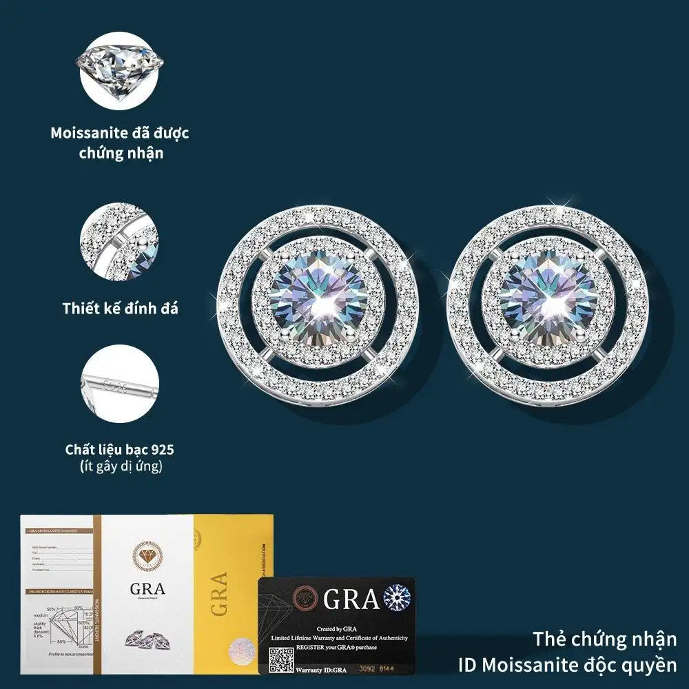 Bông tai nụ bạc S925 hình tròn đồng tâm đính đá Moissanite