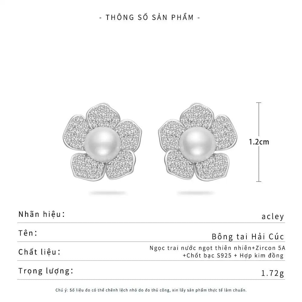 Bông tai hoa 5 cánh đính ngọc trai nước ngọt zircon 5A
