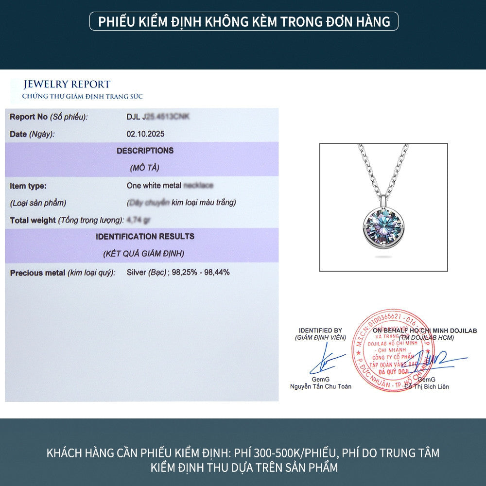 Dây chuyền bạc S925 đính đá Moissanite viên tròn