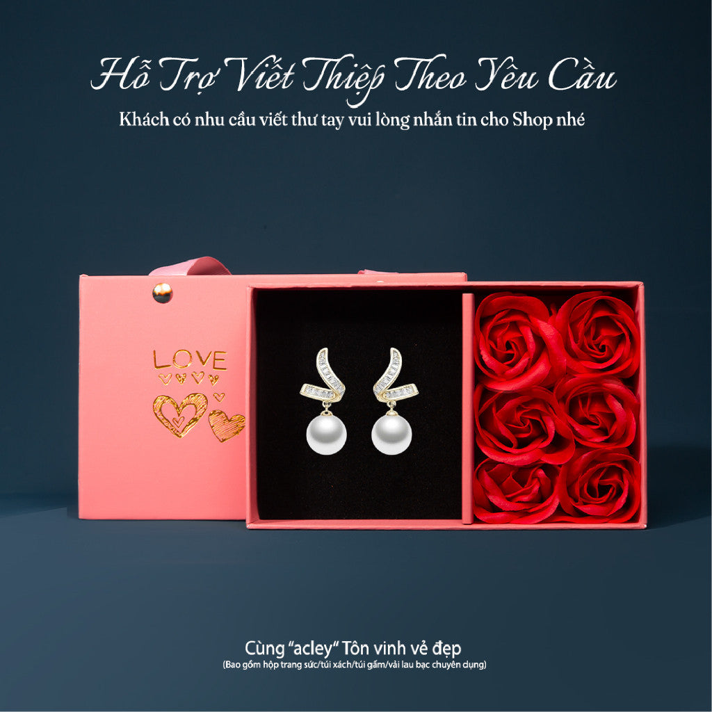 Bông tai bạc S925 ngọc trai đính đá zircon 5A dáng lá cong