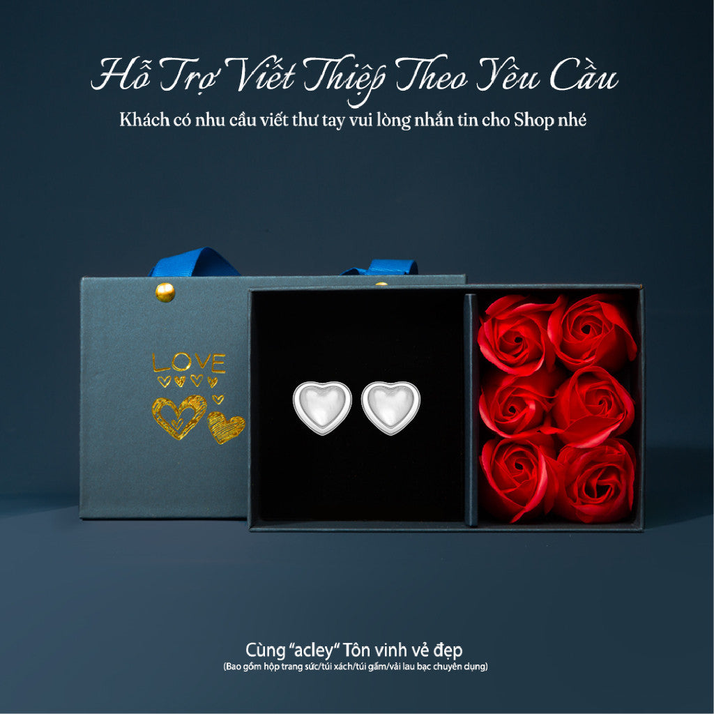 Bông tai nụ bạc S925 mặt trái tim xà cừ trắng