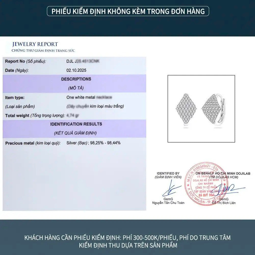 Bông tai vòng bạc S925 hình thoi đính đá zircon 5A