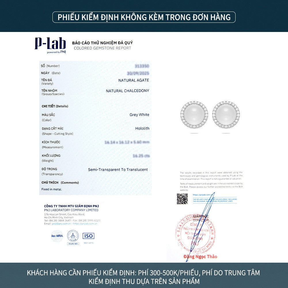 Bông tai nụ bạc S925 đá mã não chalcedony dáng tròn