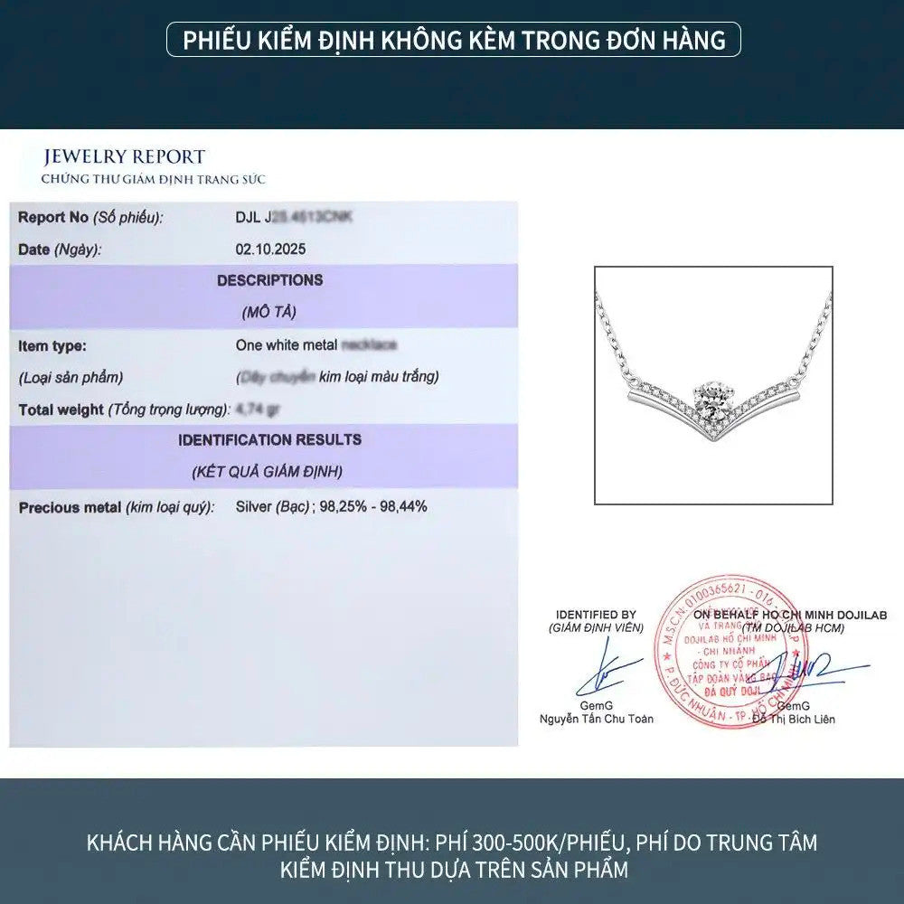 Dây chuyền bạc S925 chữ V đính đá zircon 5A