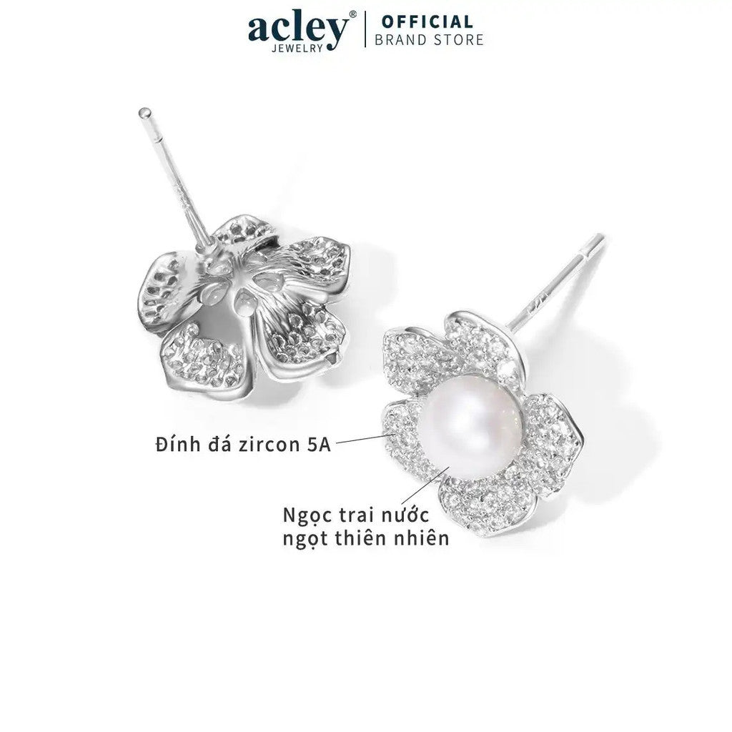 Bông tai hoa 5 cánh đính ngọc trai nước ngọt zircon 5A