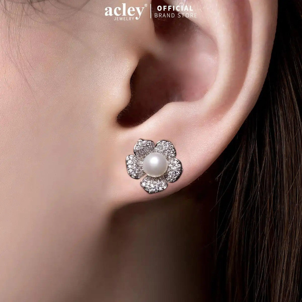 Bông tai hoa 5 cánh đính ngọc trai nước ngọt zircon 5A